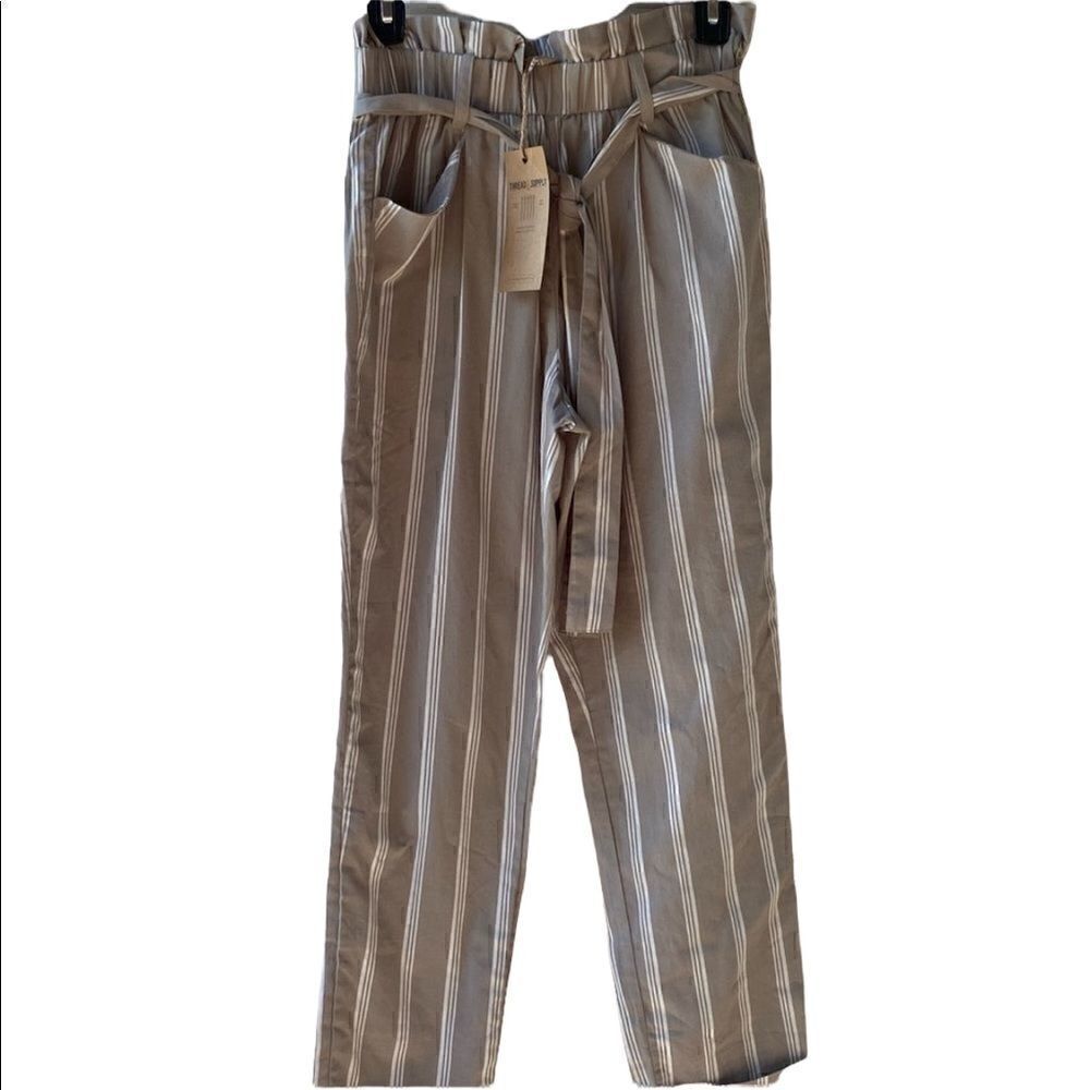 Thread & Supply Women's High Rise Stripes Paperbag Tie-Waist Pants Tan & White
